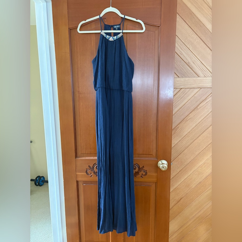 Lily Rose Navy Dress with Beaded Neckline